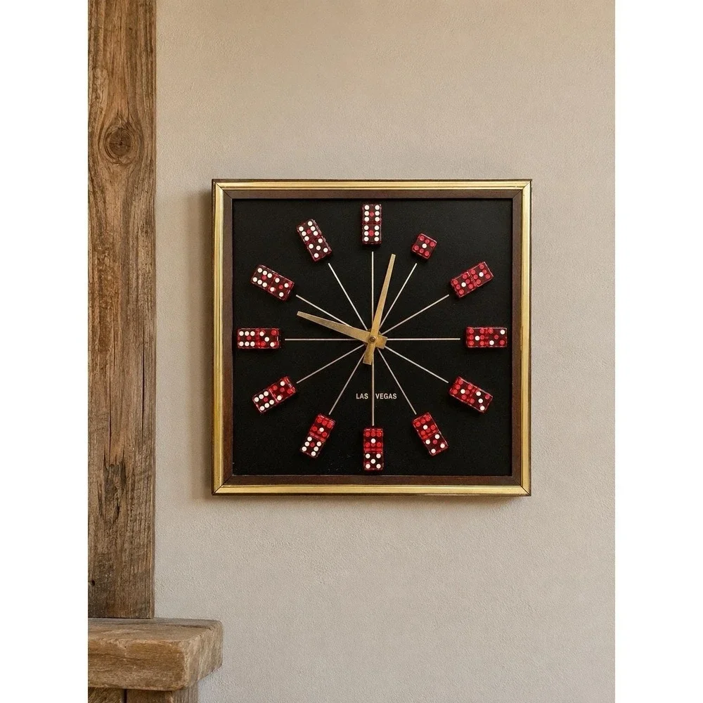 VTG Las Vegas Dice Wall Clock Red Lucite Casino Decor Retro Wood Case